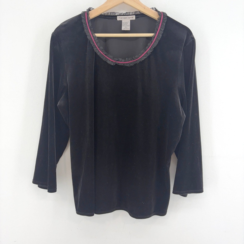 Notations Y2K Black Stretch Velvet Ruffle Neck 3/4 Sleeve Top L Layer Whimsigoth